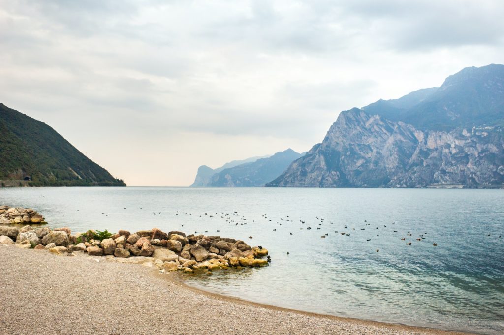 Top view of Lake Lago di Garda b alpine scenery. Italy
